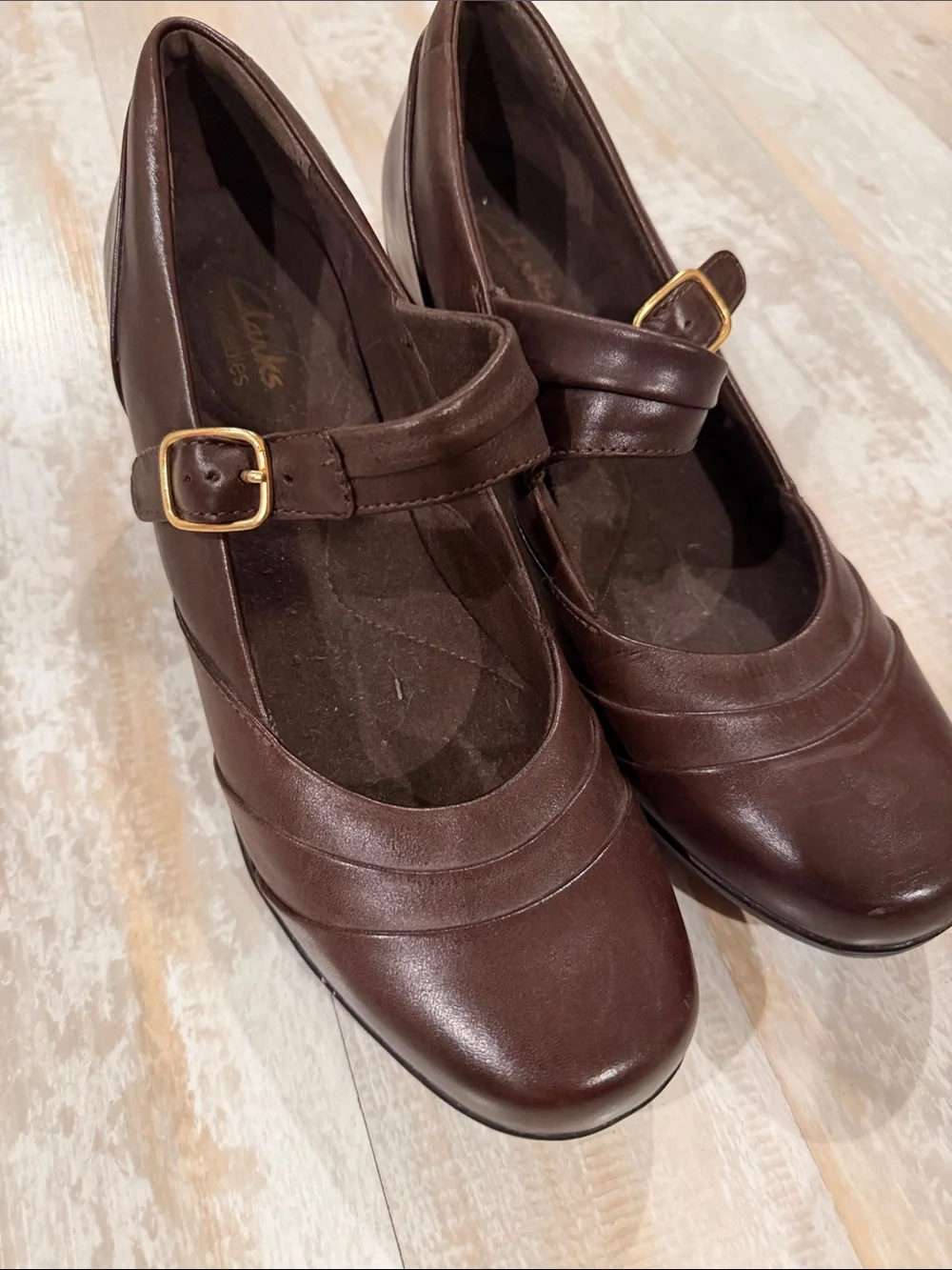 Clarks Dark Brown Leather Mary Jane Heels with Gold Buckle